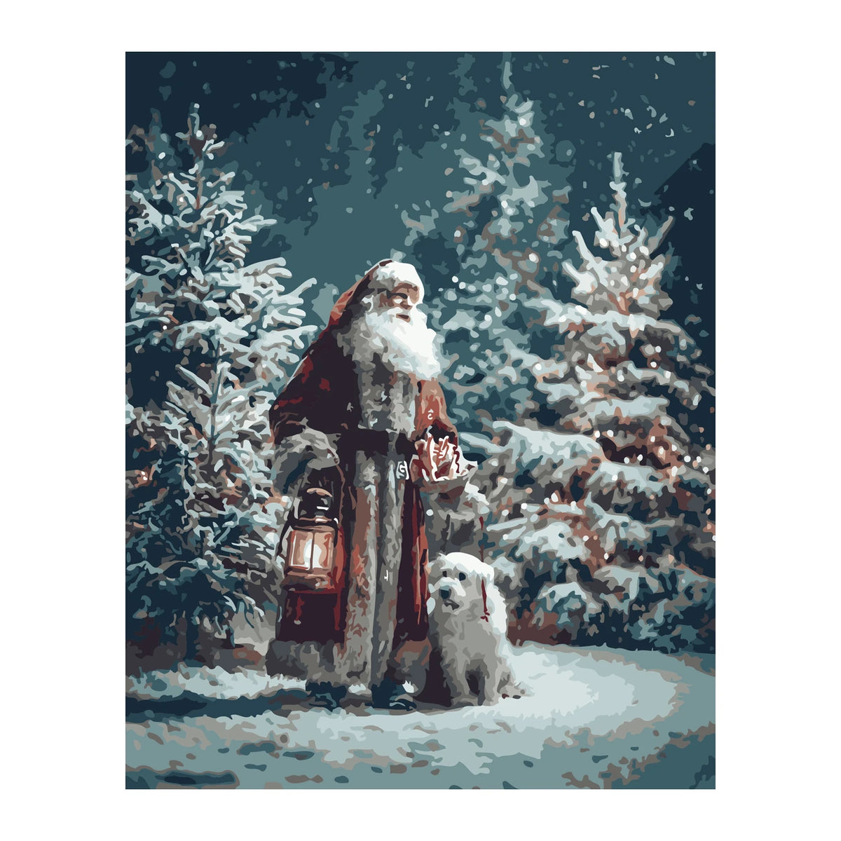 Santa and White Wolf in Snow completed artwork on a clean white background