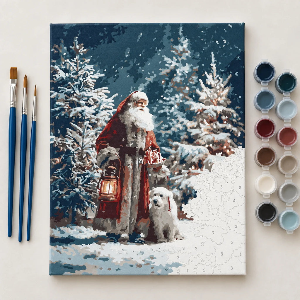 Complete Santa and White Wolf in Snow numbered canvas being painted with acrylic paints and brushes