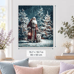 Santa and White Wolf in Snow shown in a styled room with 15.7 × 19.7 in and 40 × 50 cm dimensions