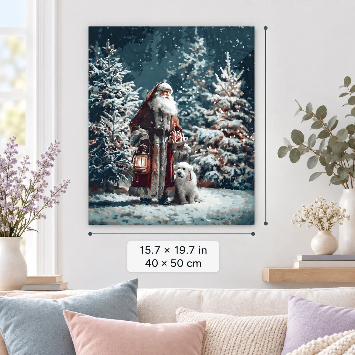 Santa and White Wolf in Snow shown in a styled room with 15.7 × 19.7 in and 40 × 50 cm dimensions