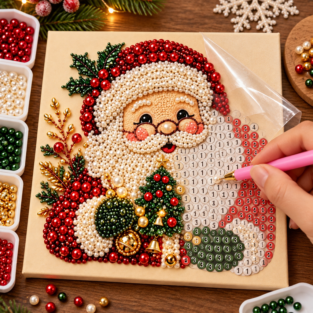 Santa With Christmas Tree Pearl Diamond Painting Kit process image