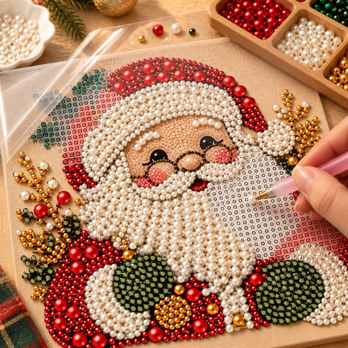 Santa With Glasses pearl painting kit – process image