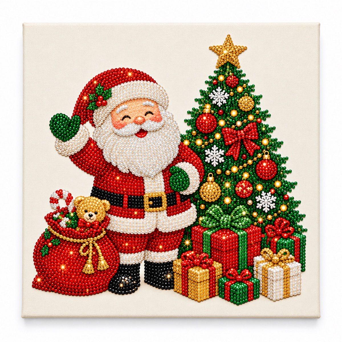 Santa with Christmas Tree and Toys pearl painting kit, white-background complete design