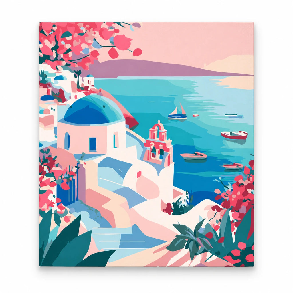 Santorini Sea View paint by numbers artwork on a front-facing canvas against a white background