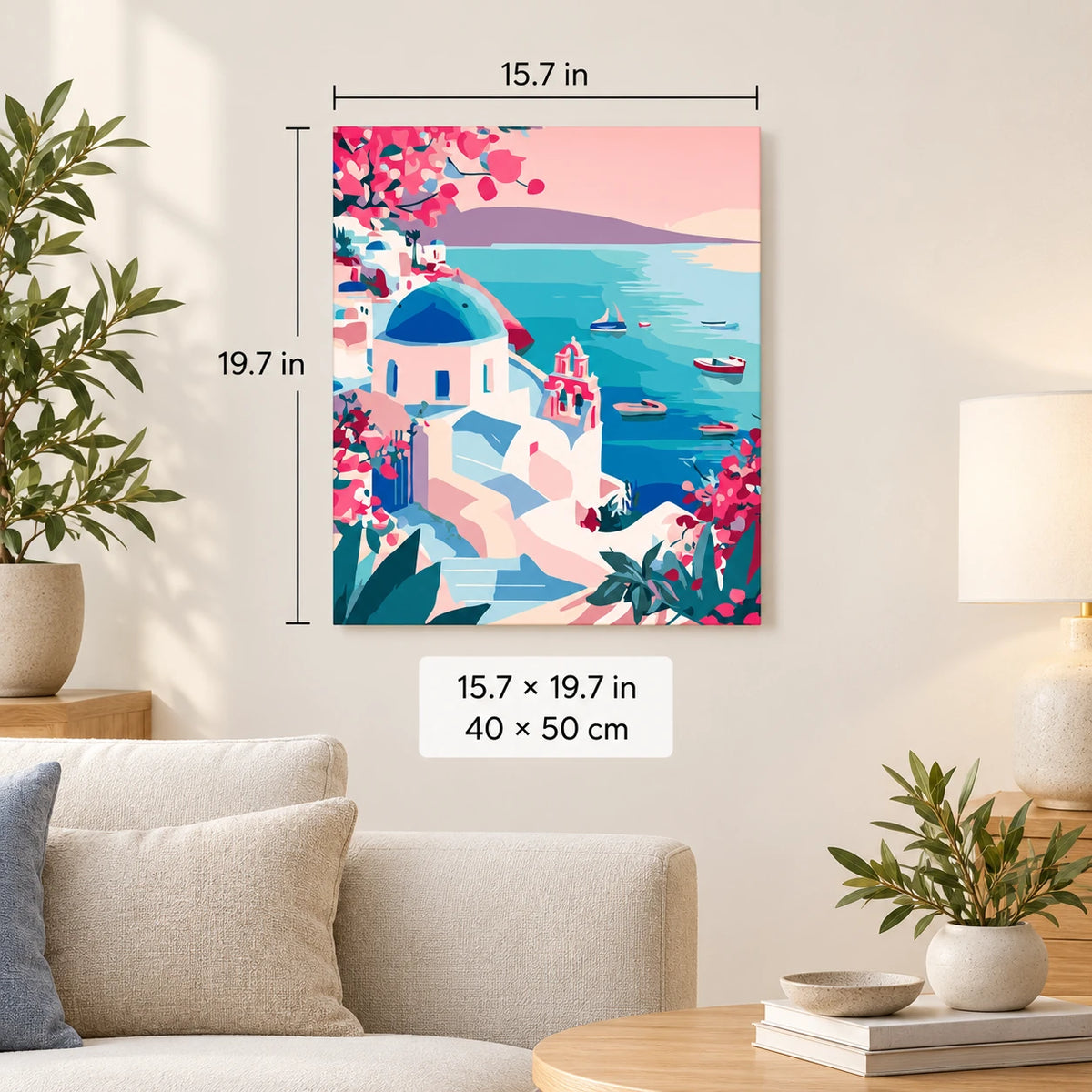 Santorini Sea View shown in a styled room with 15.7 x 19.7 in and 40 x 50 cm dimensions