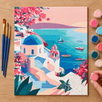 Complete Santorini Sea View numbered canvas being painted with acrylic paints and brushes