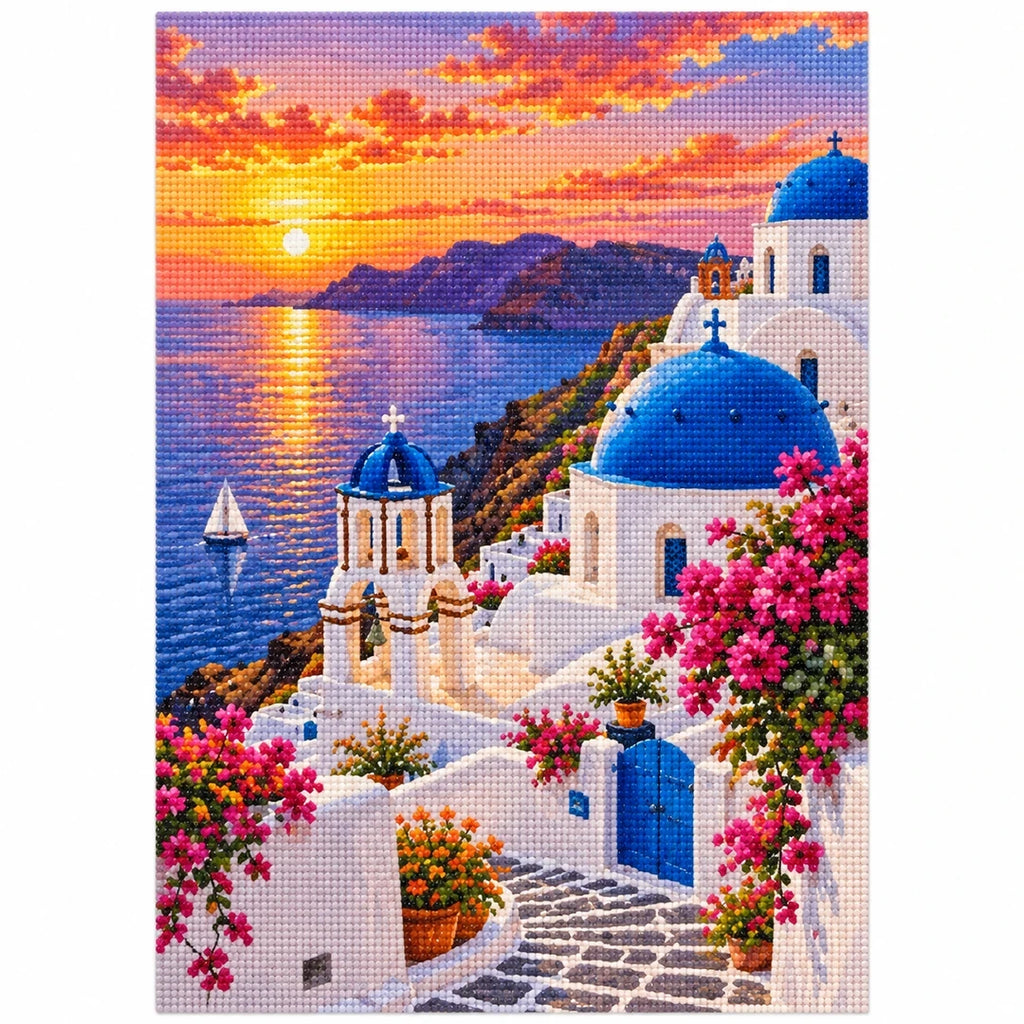 Santorini Sunset Village finished diamond artwork on white background