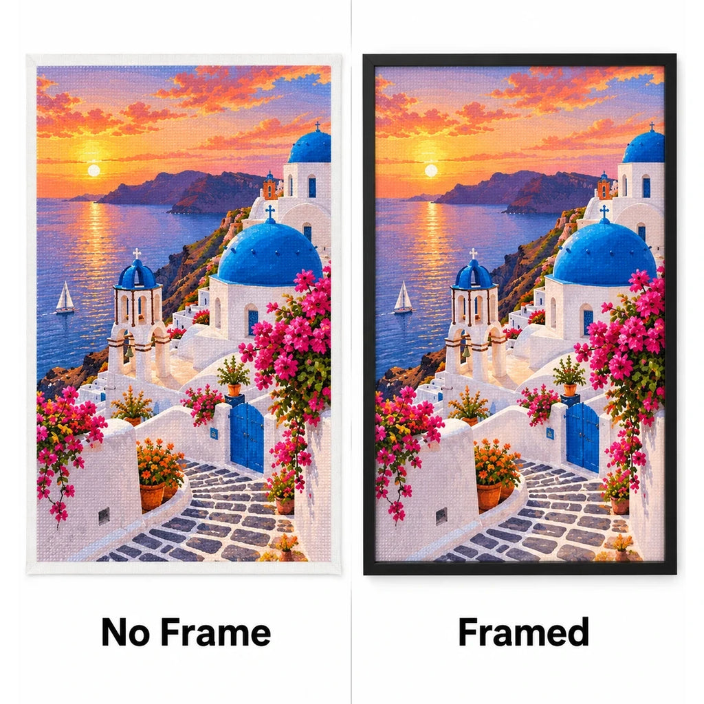 Santorini Sunset Village No Frame and Framed comparison
