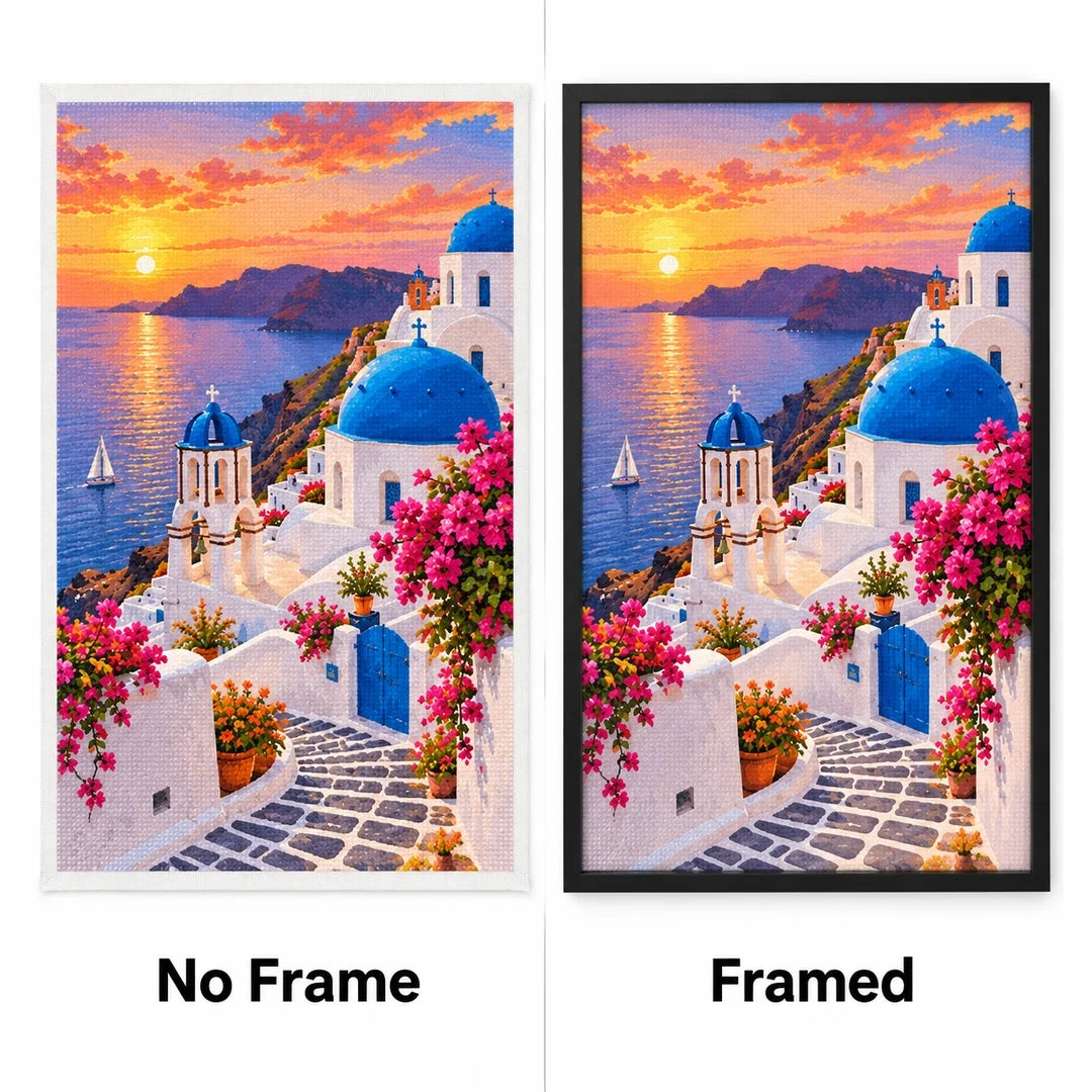 Santorini Sunset Village No Frame and Framed comparison