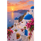 Santorini Sunset Village original artwork on white background
