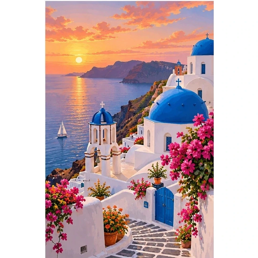 Santorini Sunset Village original artwork on white background