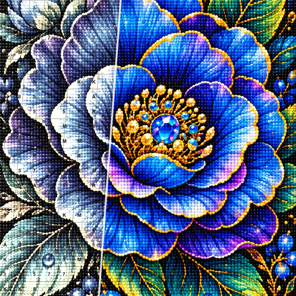 Sapphire Blue Camellia Diamond Painting Kit — Diamond and canvas detail