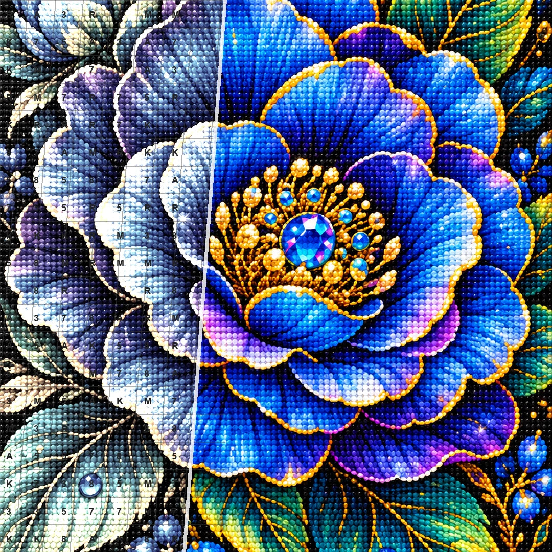 Sapphire Blue Camellia Diamond Painting Kit — Diamond and canvas detail