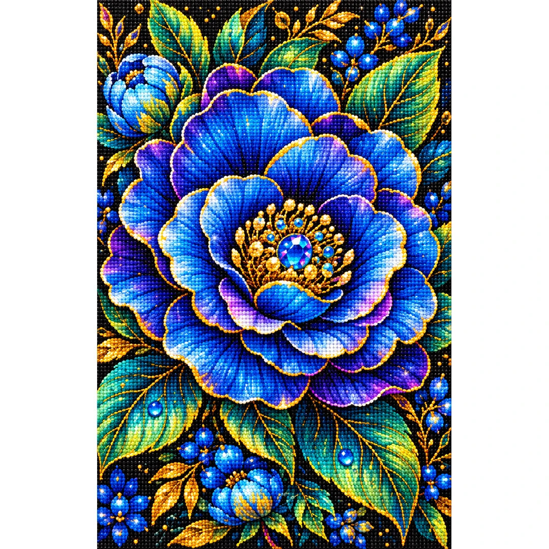 Sapphire Blue Camellia Diamond Painting Kit — Finished white-background diamond painting