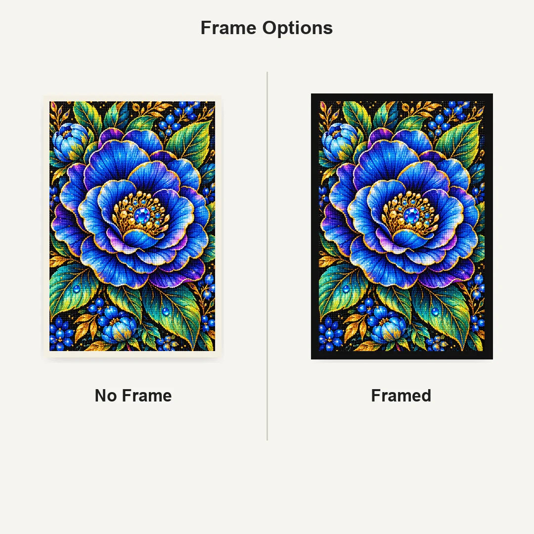 Sapphire Blue Camellia Diamond Painting Kit — No Frame and Framed comparison