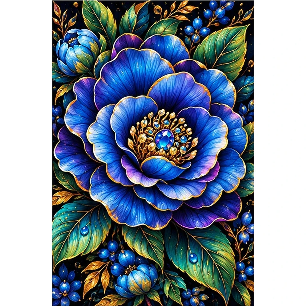 Sapphire Blue Camellia Diamond Painting Kit — original white-background artwork