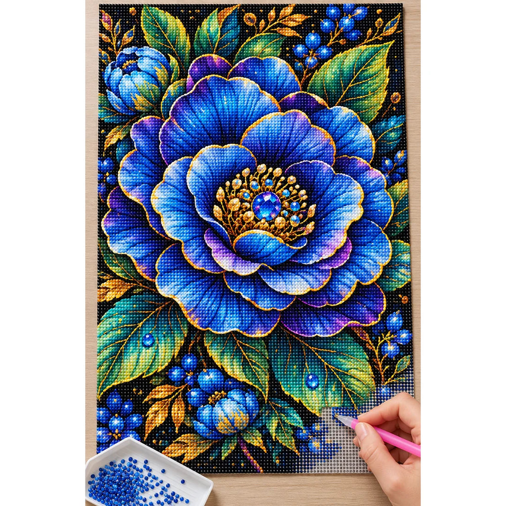 Sapphire Blue Camellia Diamond Painting Kit — Diamond painting process