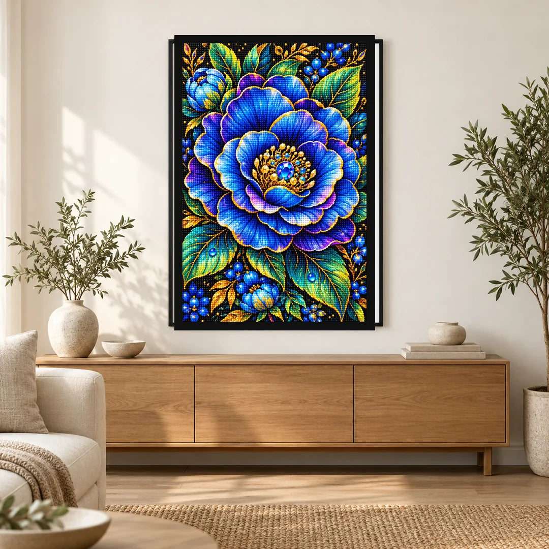 Sapphire Blue Camellia Diamond Painting Kit — Home decor scene