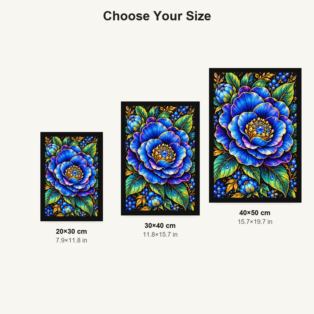 Sapphire Blue Camellia Diamond Painting Kit — Size guide