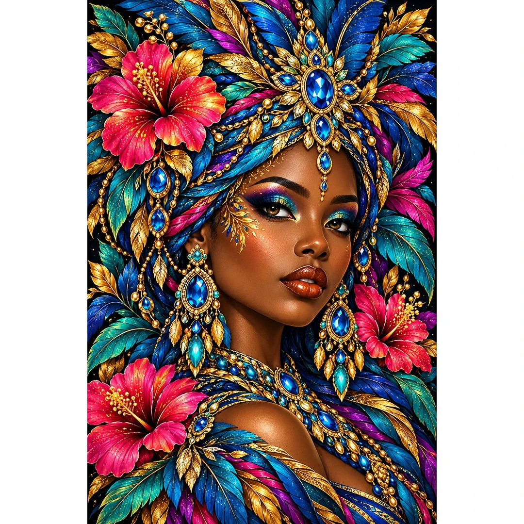 Sapphire Feather Queen finished diamond painting on white background