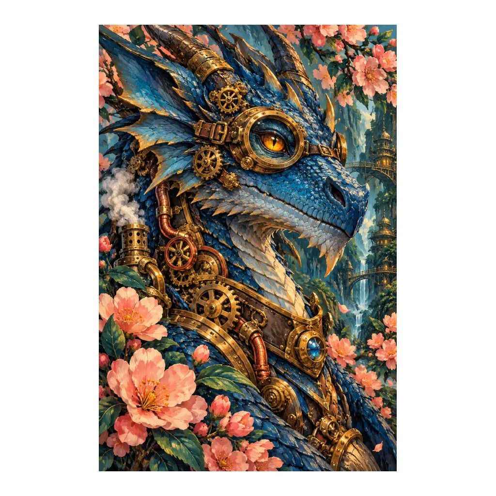 White-background original artwork of a sapphire blue jeweled dragon with golden clockwork details and pink blossoms for a diamond painting kit