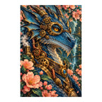 White-background original artwork of a sapphire blue jeweled dragon with golden clockwork details and pink blossoms for a diamond painting kit