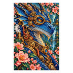 White-background finished diamond painting of a sapphire blue jeweled dragon with golden clockwork details and pink blossoms with sparkling drills