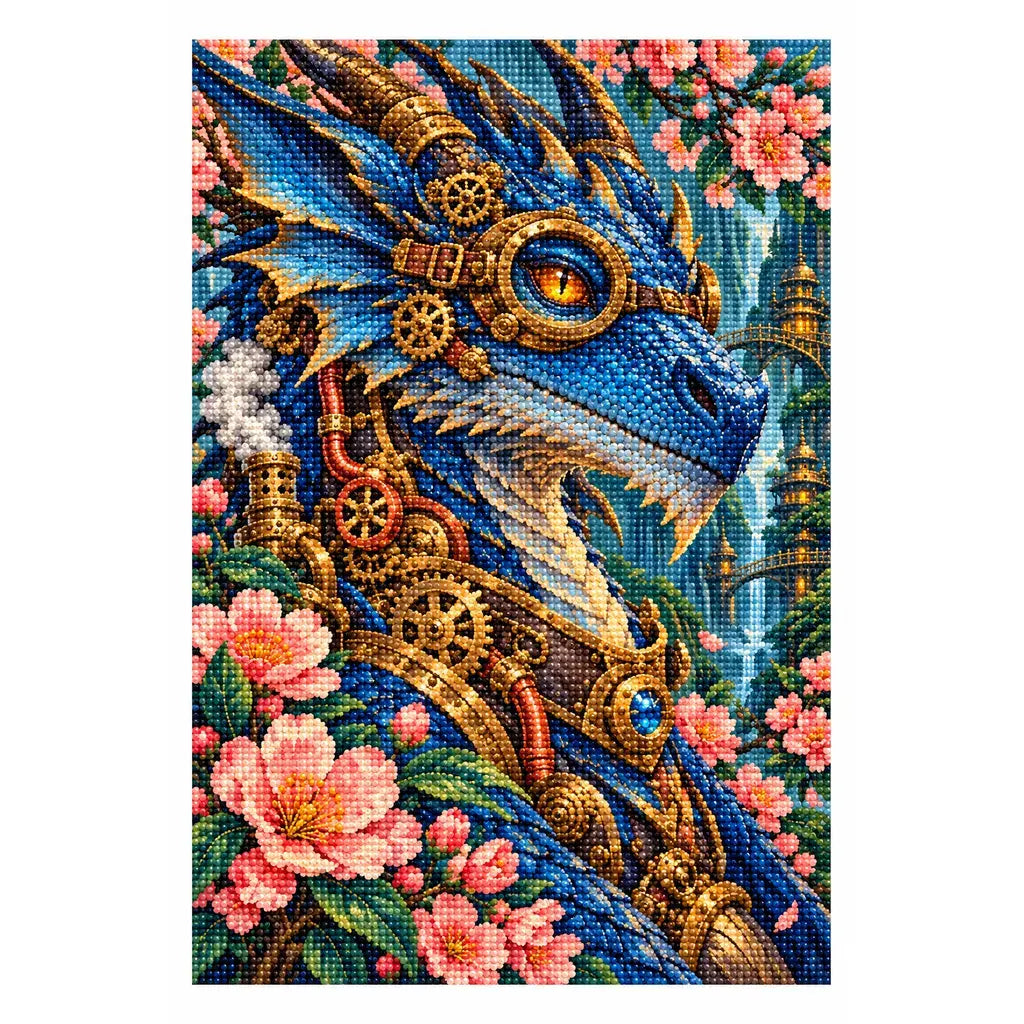White-background finished diamond painting of a sapphire blue jeweled dragon with golden clockwork details and pink blossoms with sparkling drills