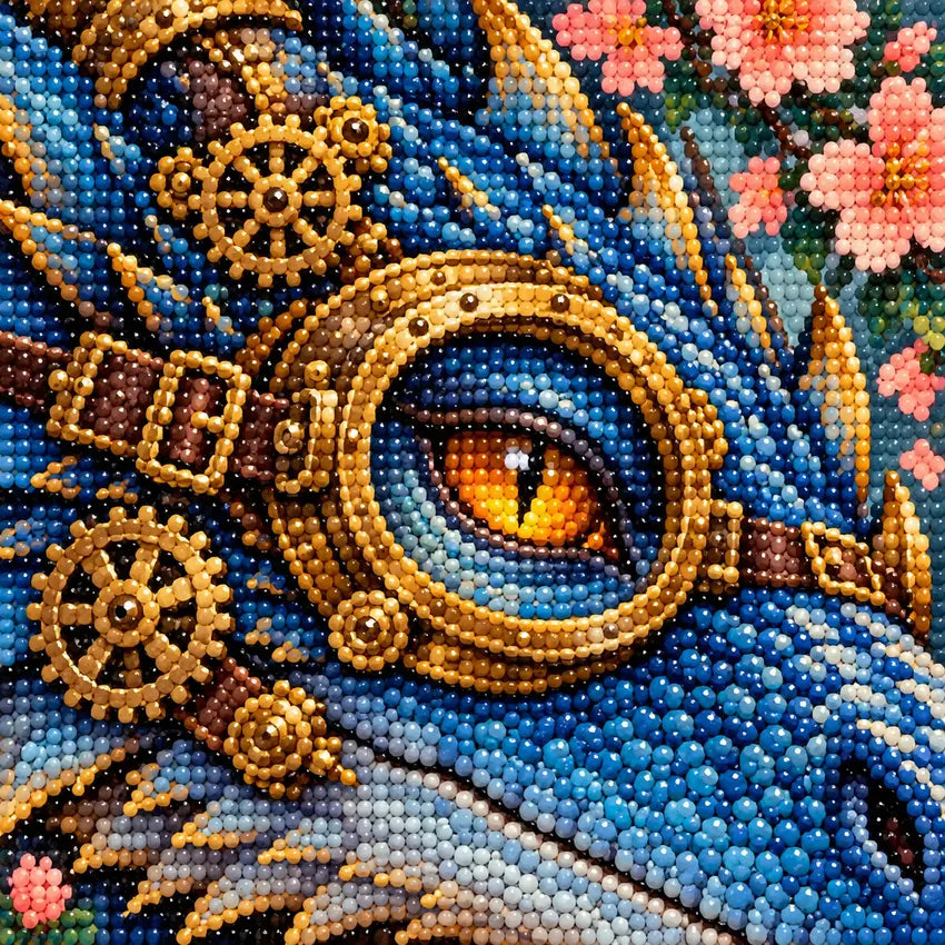 Close-up diamond drill detail of a sapphire blue jeweled dragon with golden clockwork details and pink blossoms artwork