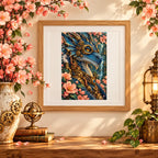 Framed a sapphire blue jeweled dragon with golden clockwork details and pink blossoms diamond painting displayed as home decor