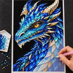 Sapphire Frost Mosaic Dragon diamond painting process with pen and tray