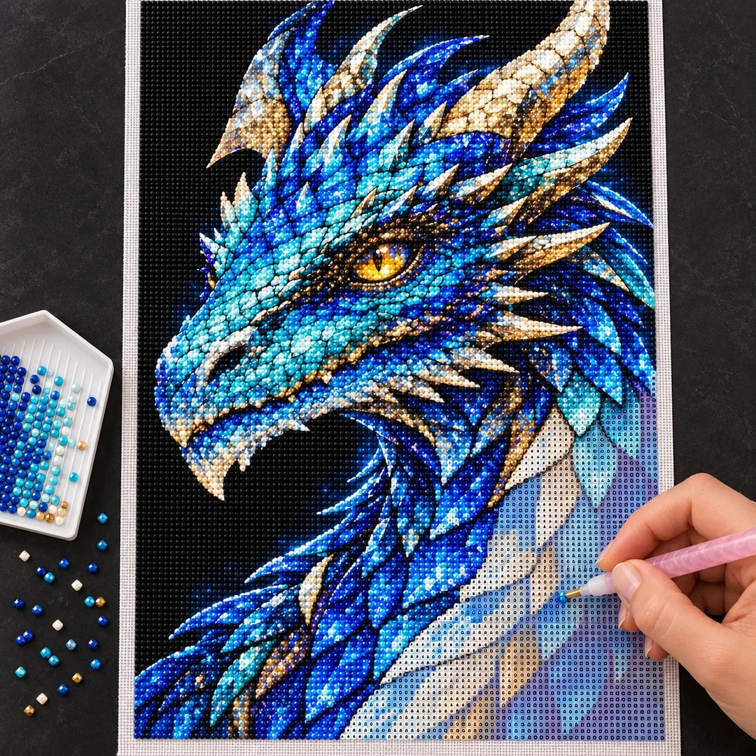 Sapphire Frost Mosaic Dragon diamond painting process with pen and tray