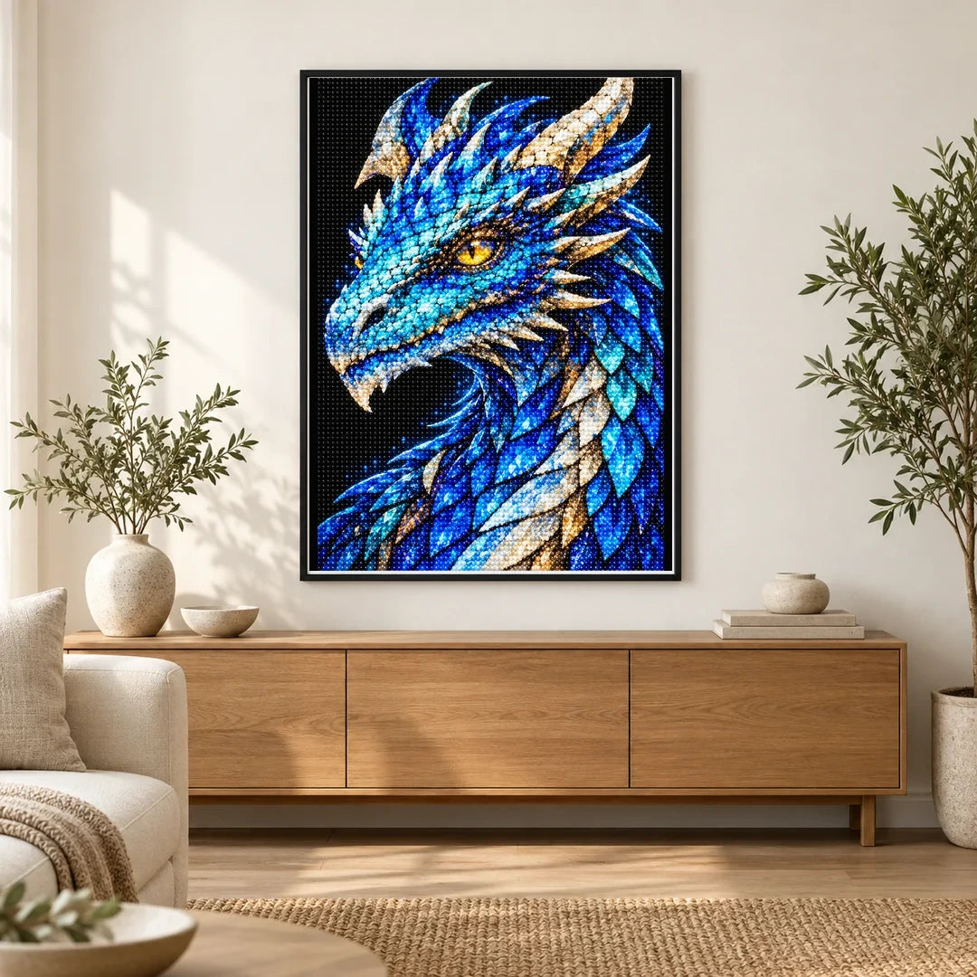 Sapphire Frost Mosaic Dragon finished diamond painting in a home interior