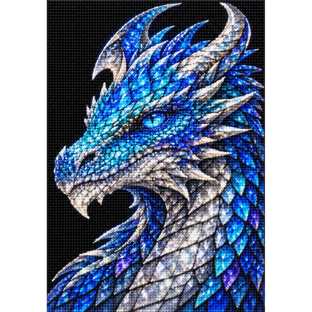 Sapphire Ice Mosaic Dragon finished diamond painting on white background