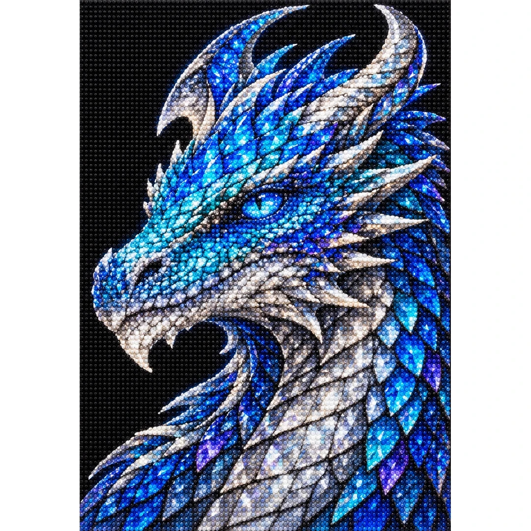 Sapphire Ice Mosaic Dragon finished diamond painting on white background