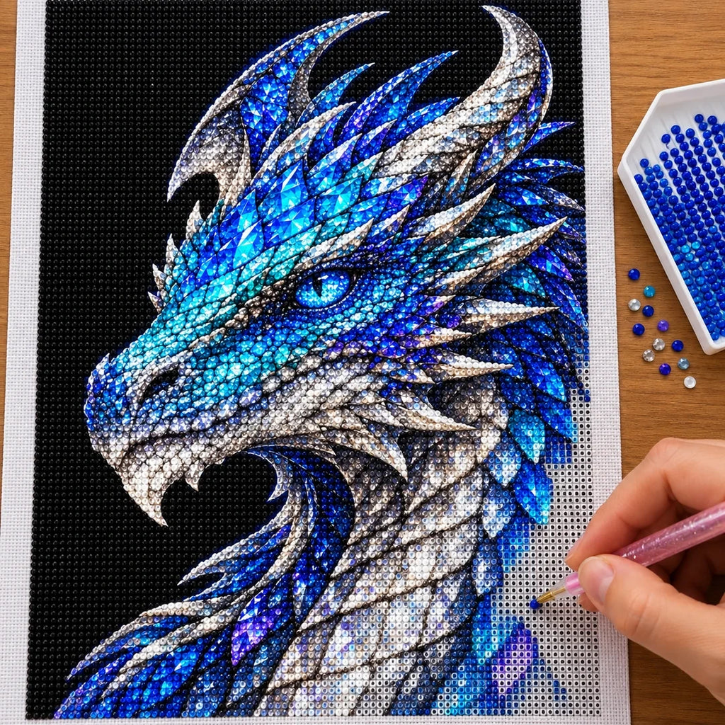 Sapphire Ice Mosaic Dragon diamond painting process with pen and tray