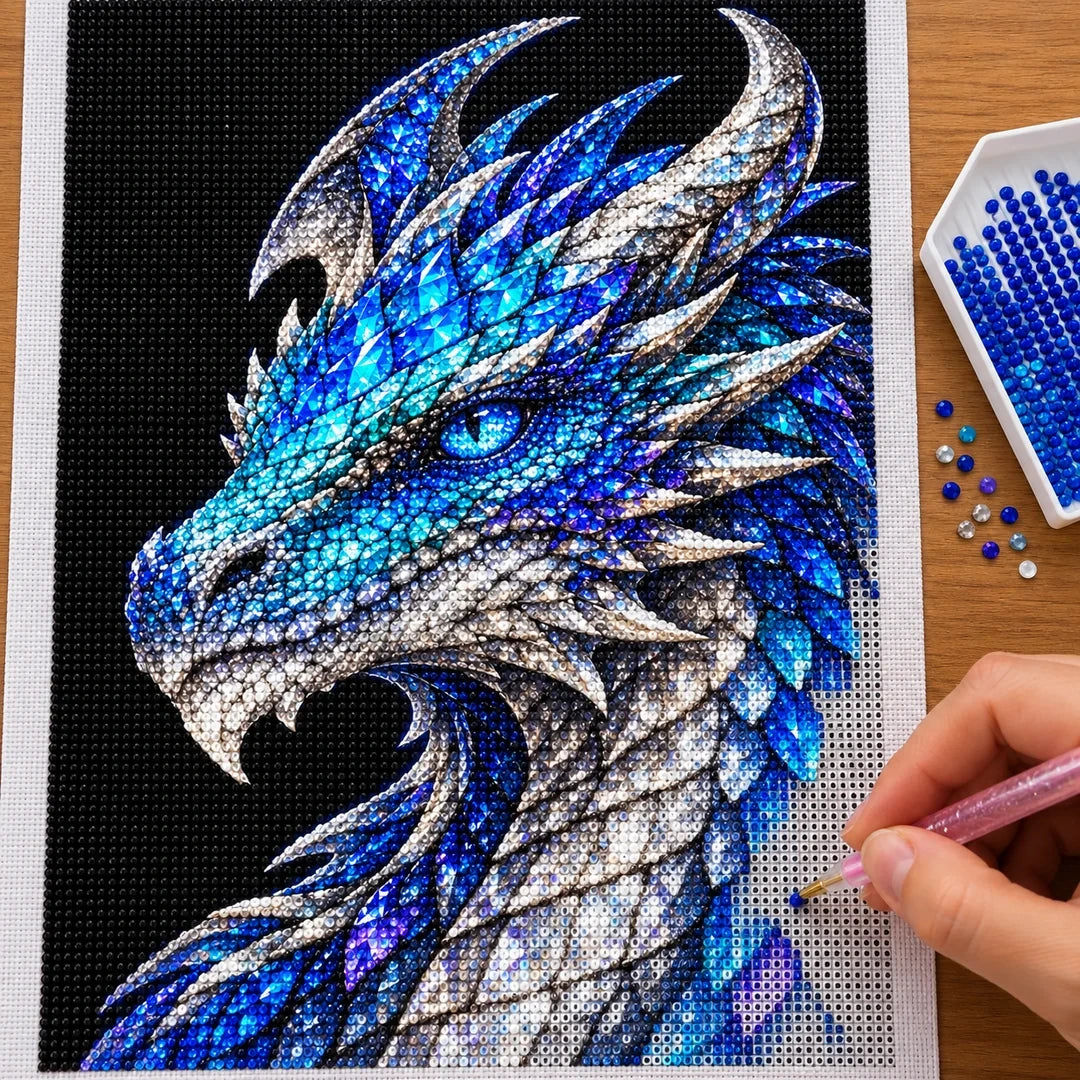 Sapphire Ice Mosaic Dragon diamond painting process with pen and tray