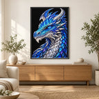 Sapphire Ice Mosaic Dragon finished diamond painting in a home interior