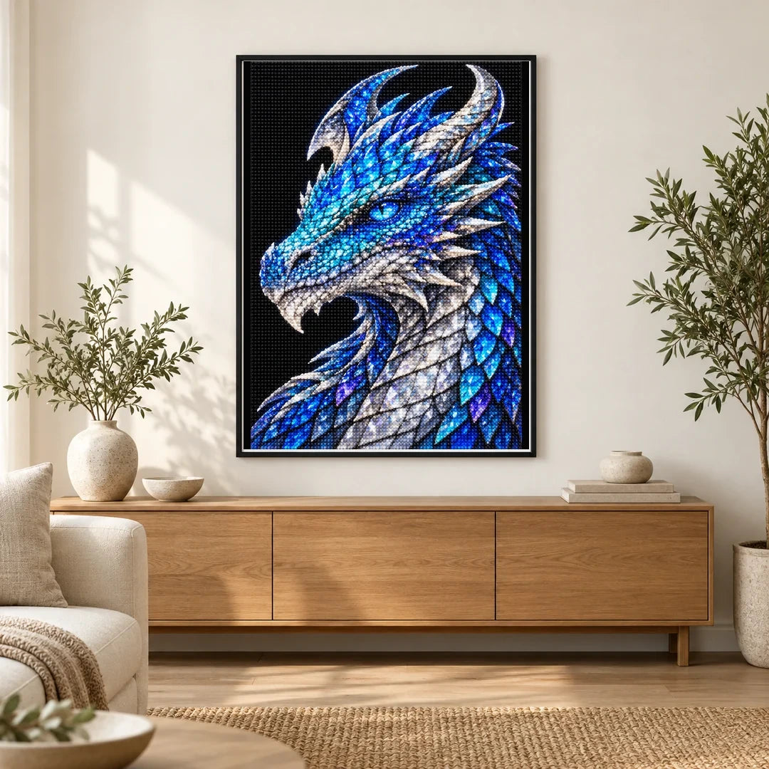 Sapphire Ice Mosaic Dragon finished diamond painting in a home interior