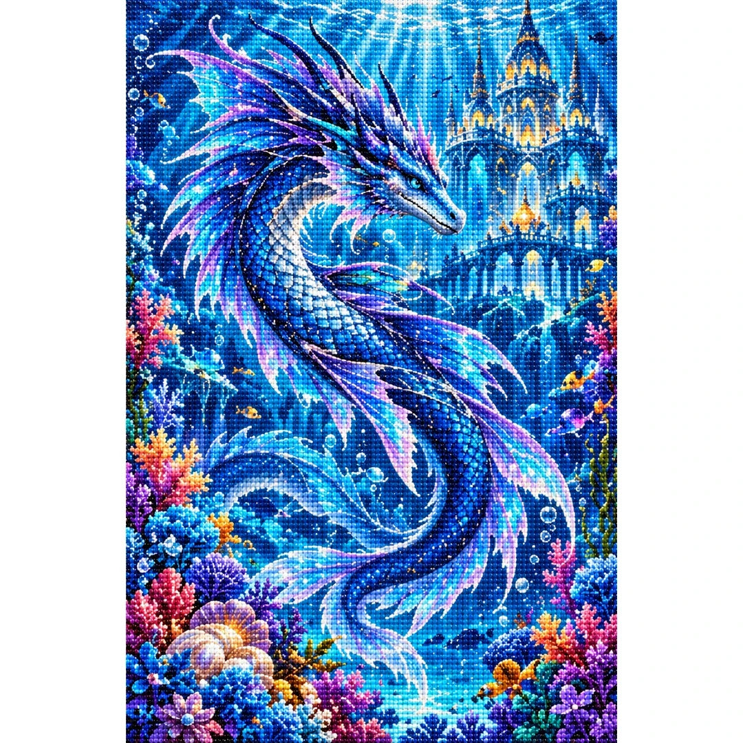 Sapphire Sea Dragon Coral Palace — finished diamond painting on a white background
