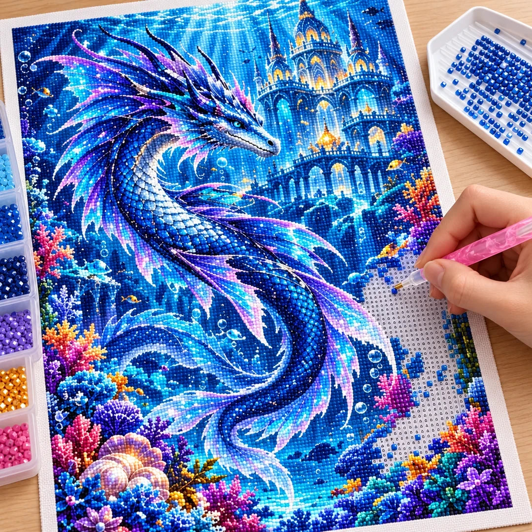 Sapphire Sea Dragon Coral Palace — diamond painting process with applicator pen