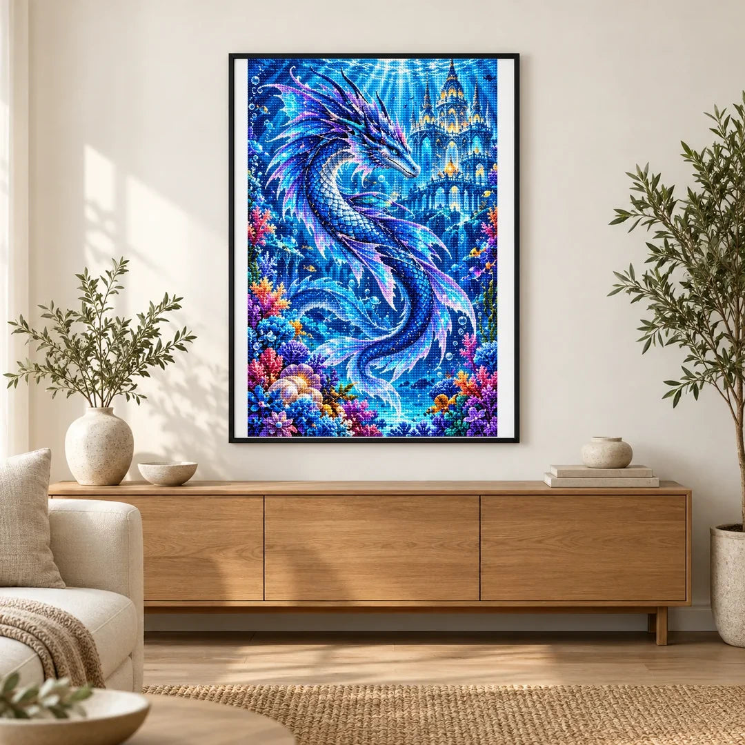 Sapphire Sea Dragon Coral Palace — finished diamond painting displayed in a home interior
