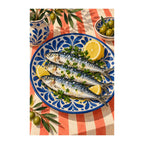 White-background original artwork of sardines and lemon wedges on a blue patterned ceramic plate
