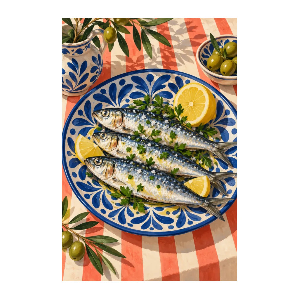 White-background original artwork of sardines and lemon wedges on a blue patterned ceramic plate