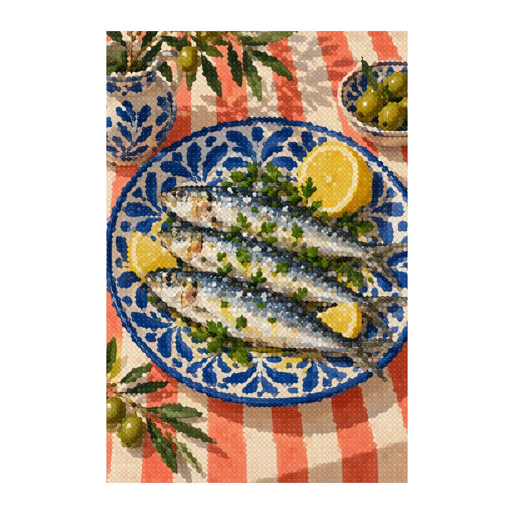 White-background finished diamond painting of sardines with lemon on a blue ceramic plate