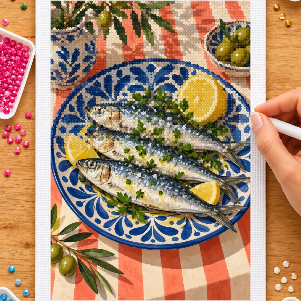 Diamond painting process showing sardines on a blue ceramic plate being completed with a stylus