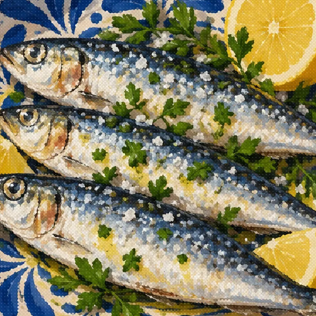 Close-up diamond drill detail of sardines, lemon wedges, and blue ceramic patterns
