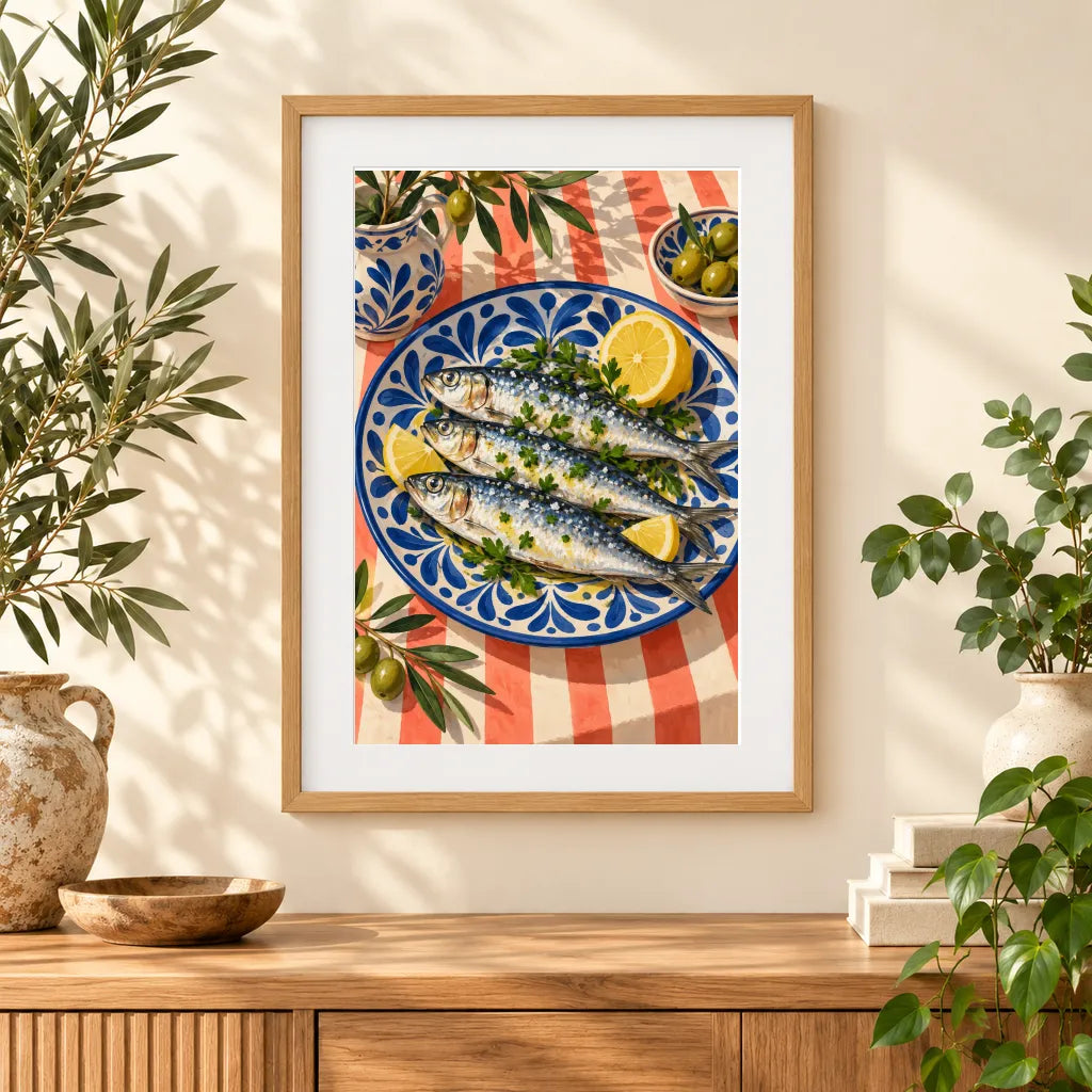 Framed sardines on a blue ceramic plate diamond painting displayed as home decor
