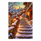 Original artwork of a lantern-lit Scandinavian stone bridge in a snowy village.