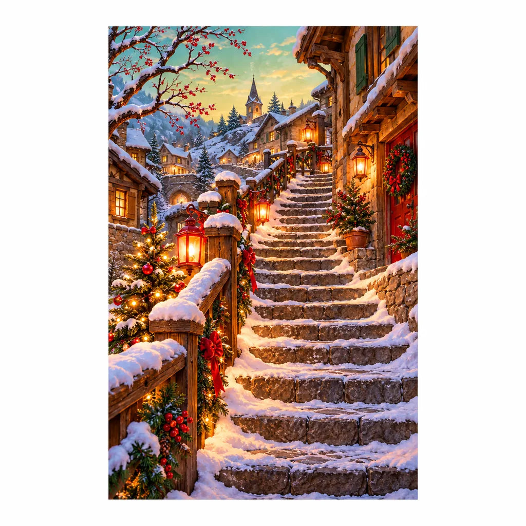 Original artwork of a lantern-lit Scandinavian stone bridge in a snowy village.